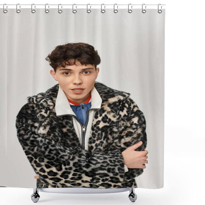 Personality  Handsome Man Stands With Arms Crossed, Showcasing A Bold Fashion Choice In Leopard Print. Shower Curtains