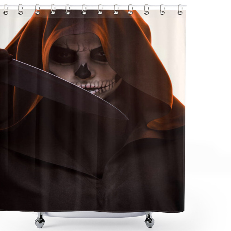 Personality  Woman With Skull Makeup Holding Knife Isolated On White Shower Curtains