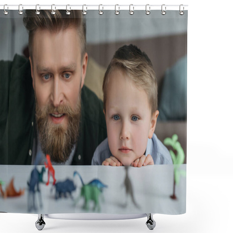 Personality  Selective Focus Of Father And Cute Little Son Looking At Arranged Toy Dinosaurs On Tabletop Together At Home Shower Curtains