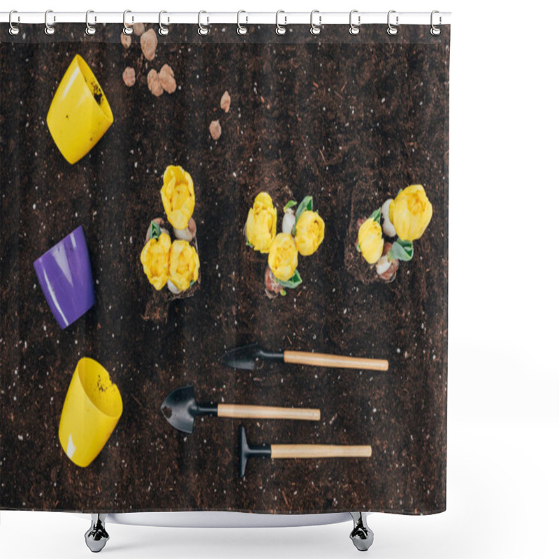 Personality  Top View Of Yellow Flowers Growing In Soil, Gardening Tools And Flower Pots On Ground Shower Curtains