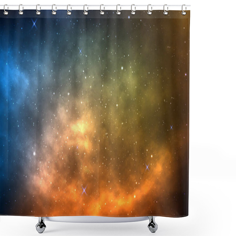 Personality  Space Background With Yellow And Blue Nebula. Realistic Universe. Bright Cosmic Backdrop With Milky Way. Color Galaxy With Shining Stars. Magic Stardust. Vector Illustration. Shower Curtains