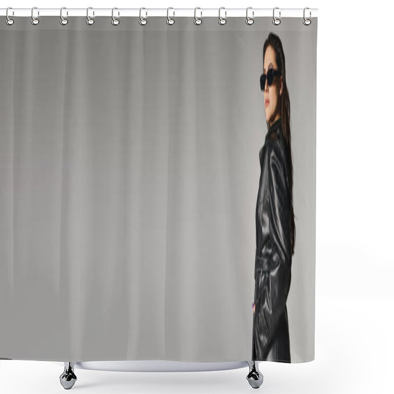 Personality  A Beautiful Plus-size Woman Strikes A Pose In A Black Leather Coat And Sunglasses Against A Gray Backdrop. Shower Curtains