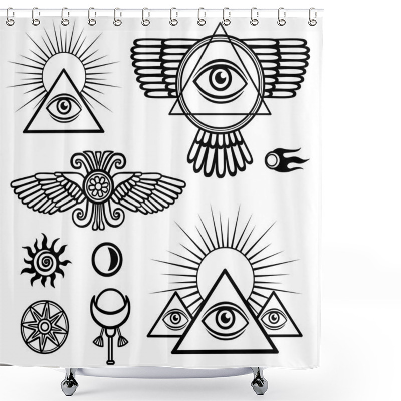 Personality  Set Of Esoteric Symbols: Wings, Pyramid, Eye, Moon, Sun, Comet, Star. The Isolated Black Contour On A White Background. Shower Curtains