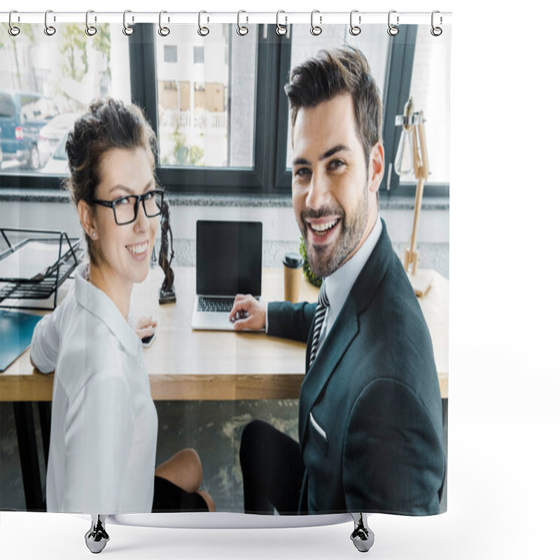 Personality  Smiling Lawyers At Workplace With Laptop With Blank Screen And Femida In Office Shower Curtains