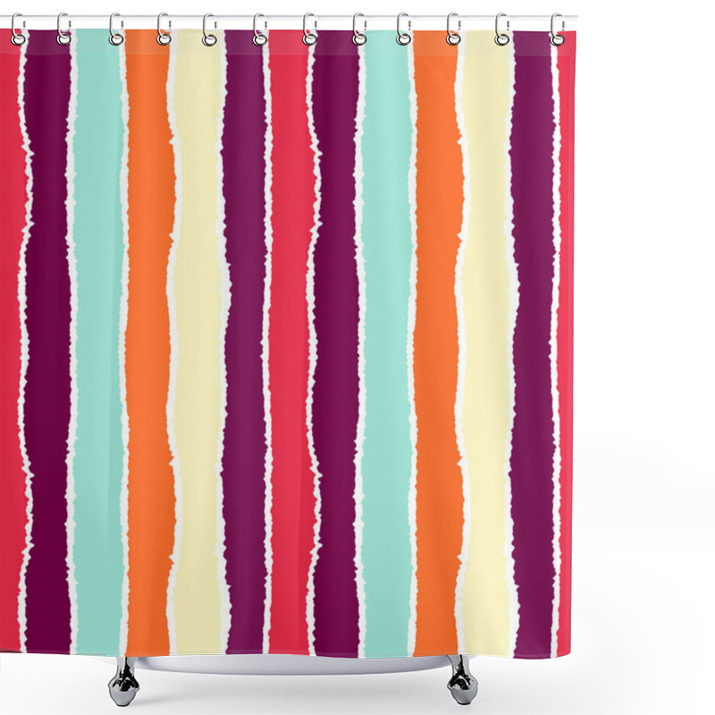 Personality  Seamless Strip Pattern. Vertical Lines With Torn Paper Effect. Shred Edge Background. Summer Warm, Orange, Blue, Vinous Tropical Colors. Vector Shower Curtains