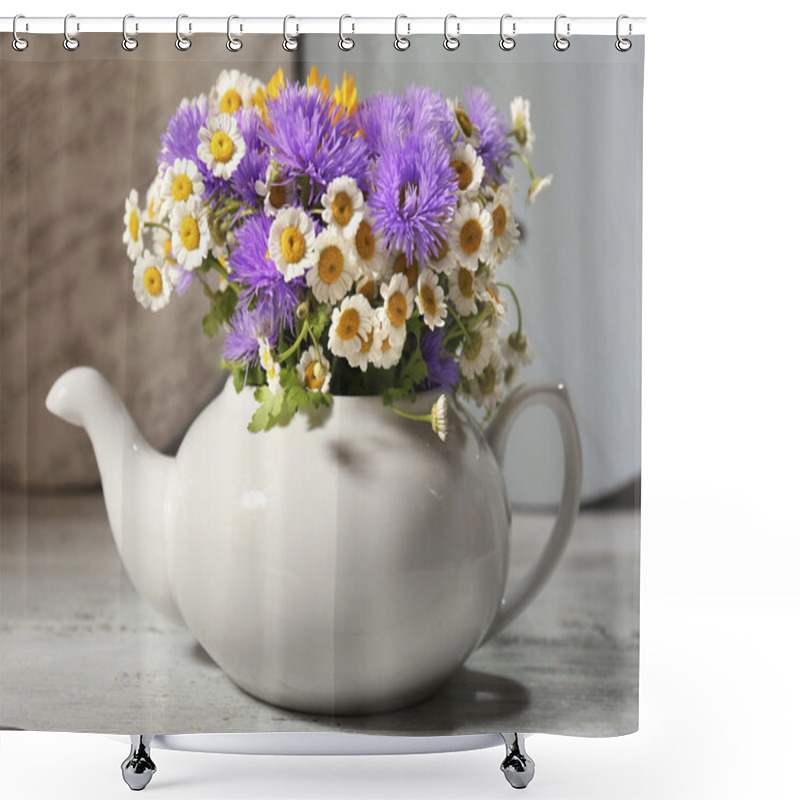 Personality  Kitchen Decoration With Teapot And Wild Flowers On Wooden Background Shower Curtains