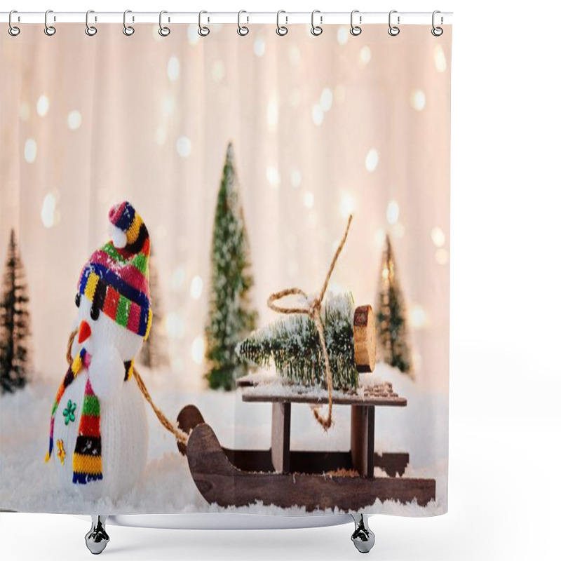 Personality  Toy Snowman Pulling Small Wooden Sleigh Shower Curtains