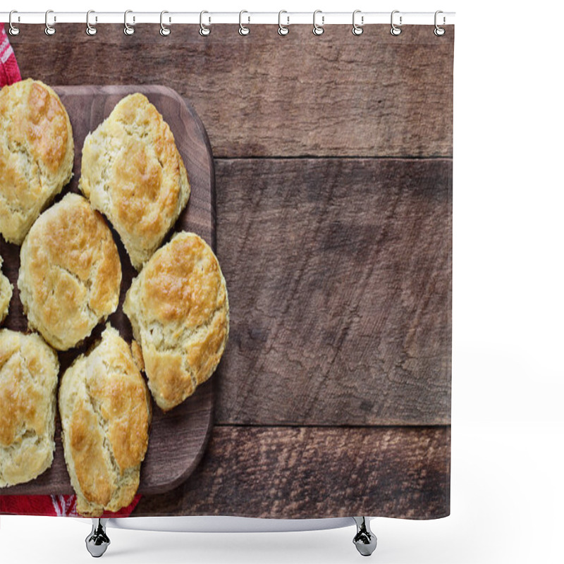 Personality  Fresh Buttermilk Southern Biscuits Or Scones Over A Rustic Wooden Table Shot From Above. Top View. Shower Curtains