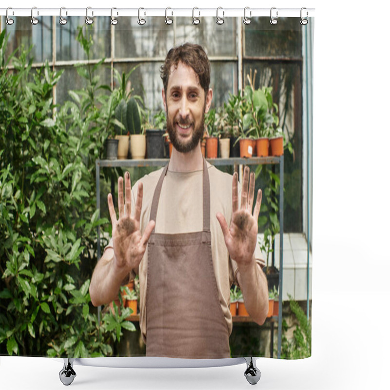 Personality  Happy Bearded Gardener In Apron Showing His Dirty Hands After Working With Plants And Soil Shower Curtains