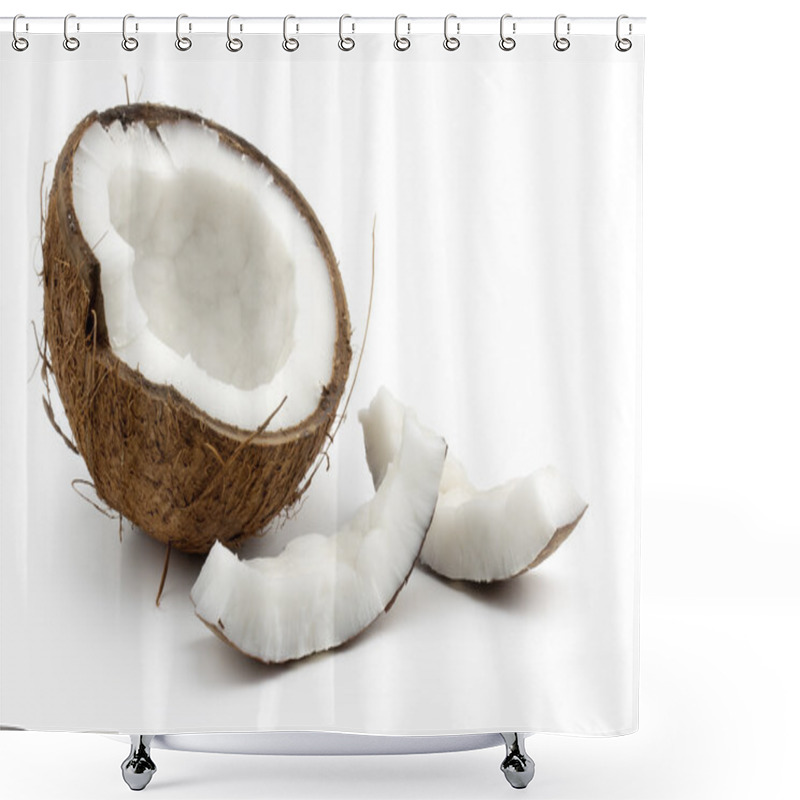 Personality  Coconut Cut In Half On White Background Shower Curtains