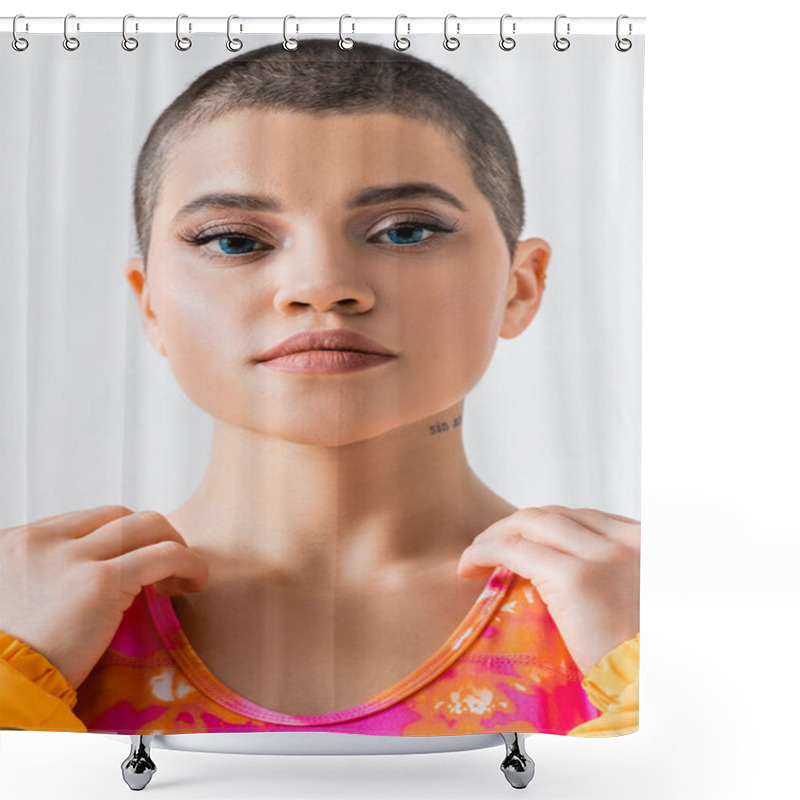 Personality  Makeup And Style, Portrait Of Tattooed Young Woman With Short Hair Looking At Camera On Grey Background, Generation Z, Fashion Forward, Female Model, Self Expression  Shower Curtains