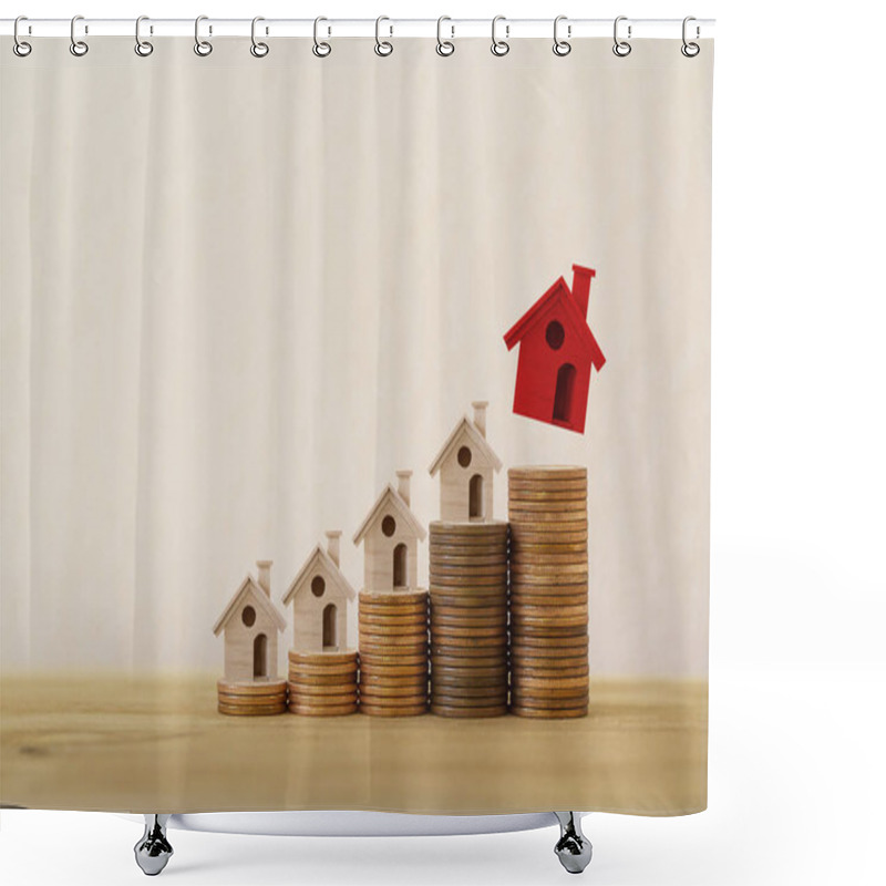 Personality  Arrange Red Outstanding Small House Or Home On Stacks Of Coins, Property Investment Real Estate / Home Loan / Asset Refinancing Concept : Depicts A Homeowner Or A Borrower Turns Properties Into Cash. Shower Curtains