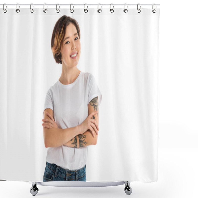 Personality  Young Woman With Arms Crossed Looking At Camera And Smiling Isolated On White Shower Curtains