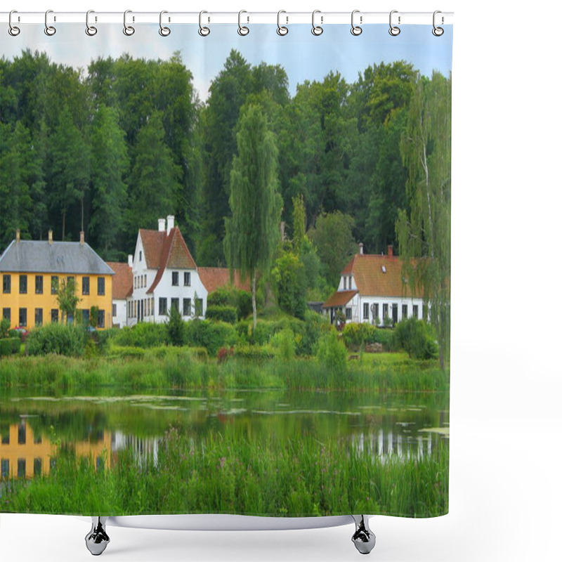 Personality  Charming Countryside Houses With Red And Yellow Facades Reflected In A Tranquil Pond Surrounded By Lush Greenery. A Serene Rural Setting Showcasing Traditional Architecture And Nature's Beauty Shower Curtains