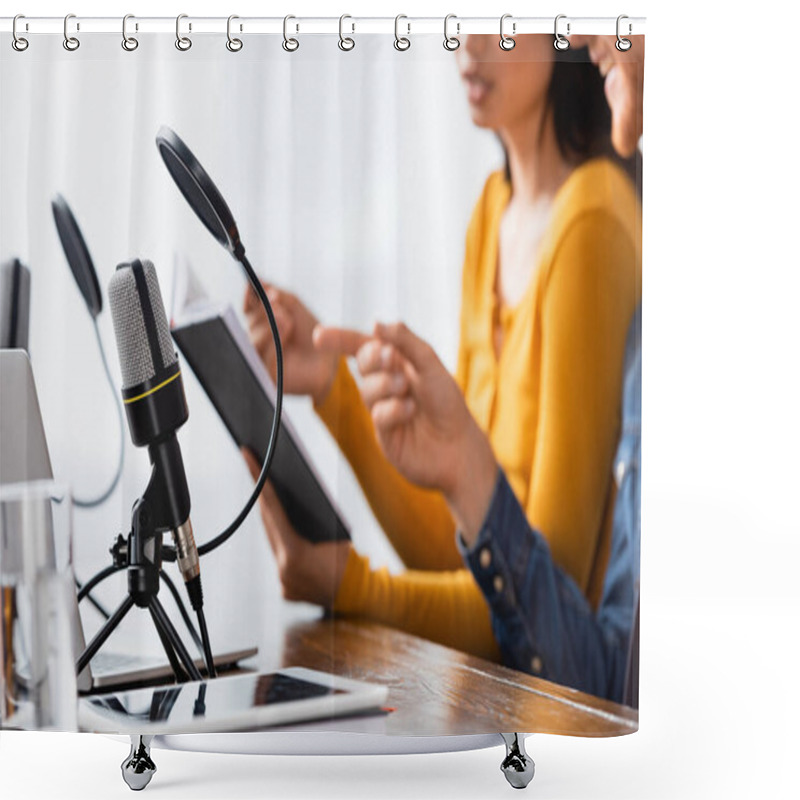 Personality  Cropped View Of Announcer Pointing At Notebook In Hands Of Colleague Near Microphones And Digital Tablet Shower Curtains