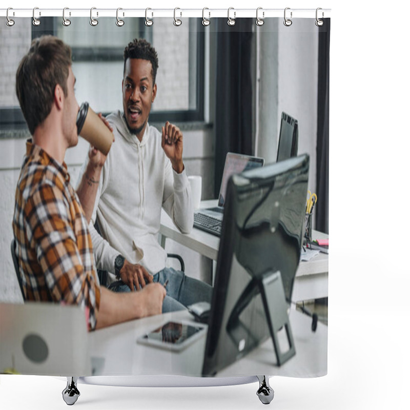 Personality  Two Young Multicultural Programmers Talking While Sitting Together In Office Shower Curtains