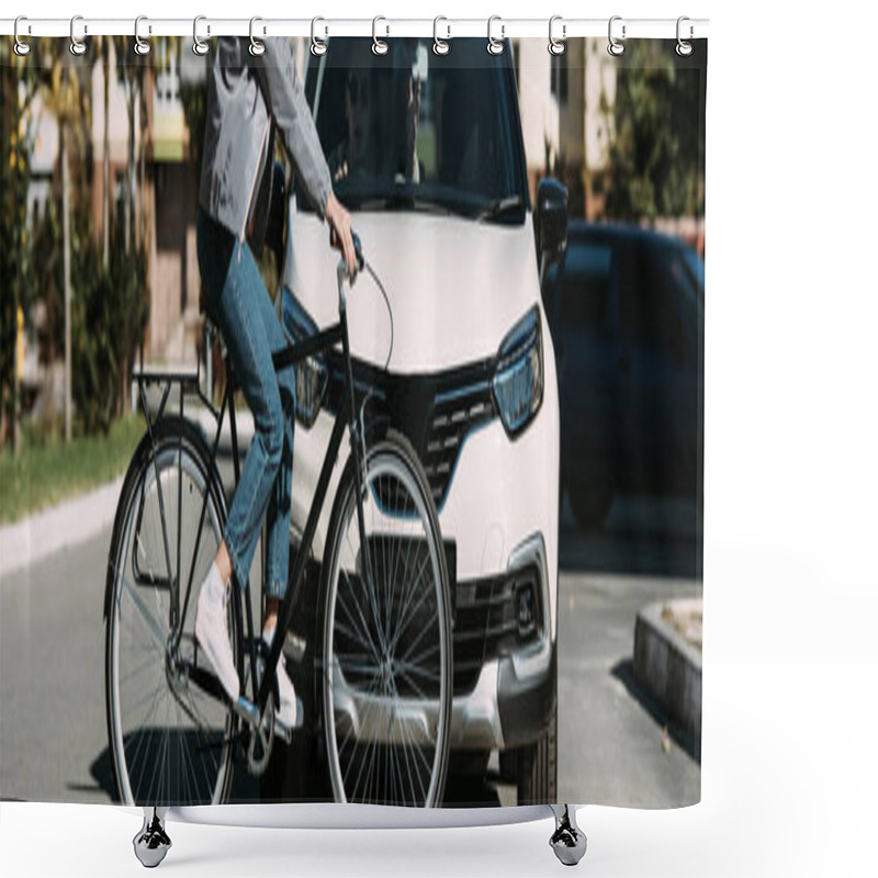 Personality  Partial View Of Woman Riding Bicycle While Crossing Road With Driver In Car Shower Curtains