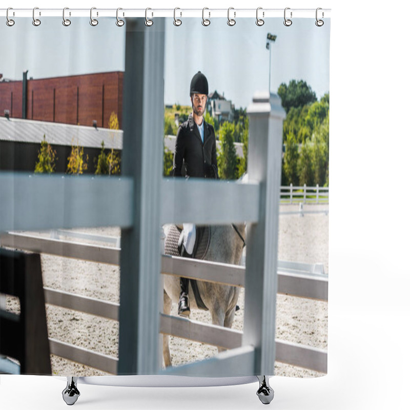 Personality  View Through Fence On Handsome Male Equestrian Riding Horse At Horse Club And Looking At Camera Shower Curtains