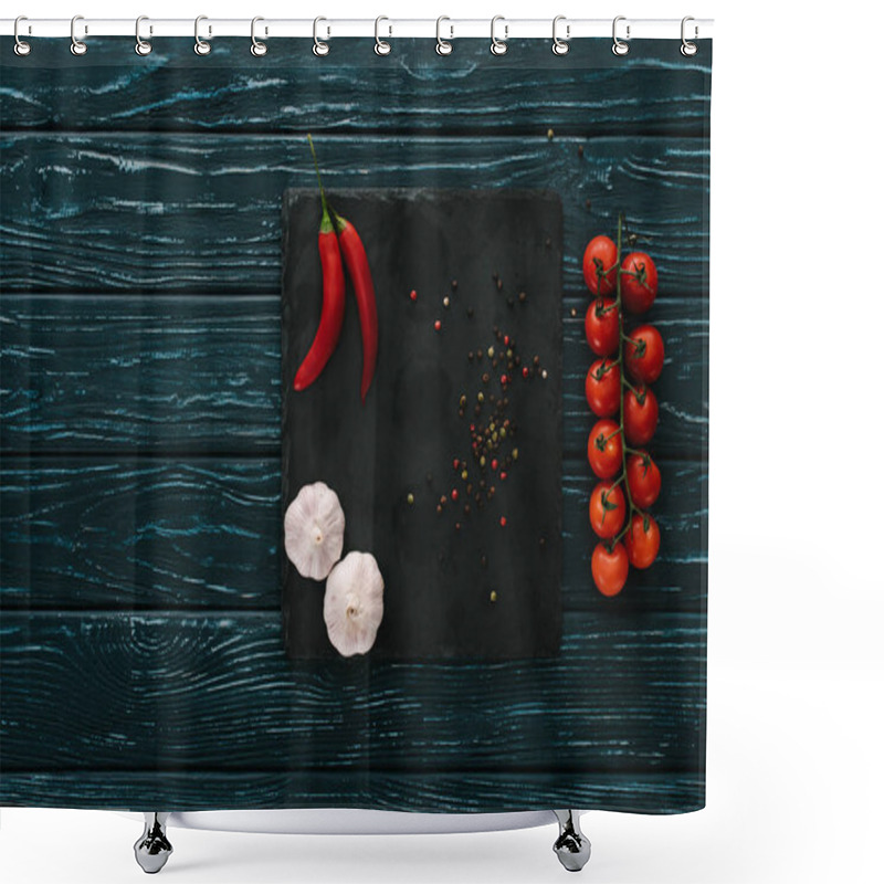 Personality  Top View Of Vegetables And Chilli Peppers On Stone Cutting Board On Green Wooden Tabletop Shower Curtains