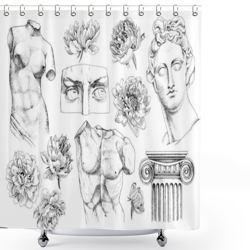 Personality  Set Of Hand Drawn Classical Sculptures And Flowers Shower Curtains