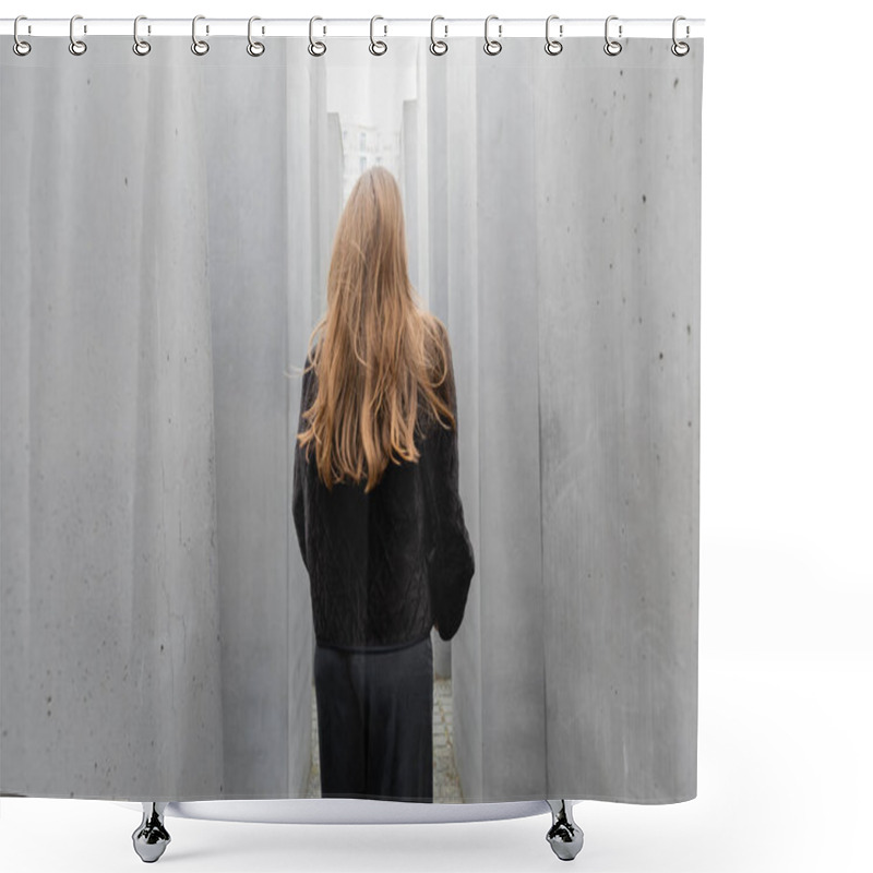 Personality  Back View Of Woman In Black Jacket Walking Between Stones Of Memorial To Murdered Jews Of Europe Shower Curtains