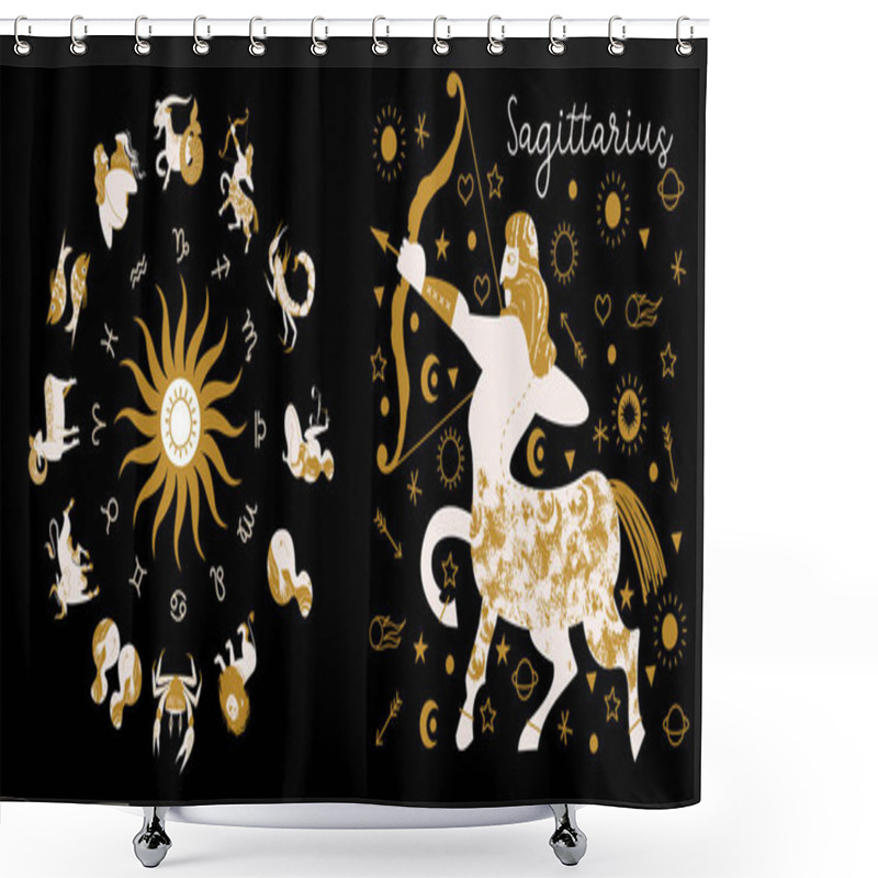 Personality  Zodiac Sign Sagittarius. Full Horoscope In The Circle. Horoscope Wheel Zodiac With Twelve Signs Vector. Aries; Taurus; Gemini; Cancer; Leo; Virgo; Libra; Scorpio; Sagittarius; Capricorn; Aquarius, Pisces Shower Curtains