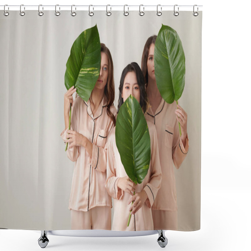 Personality  Three Young Women In Light Pink Silk Pajamas Holding Big Green Leaves Shower Curtains