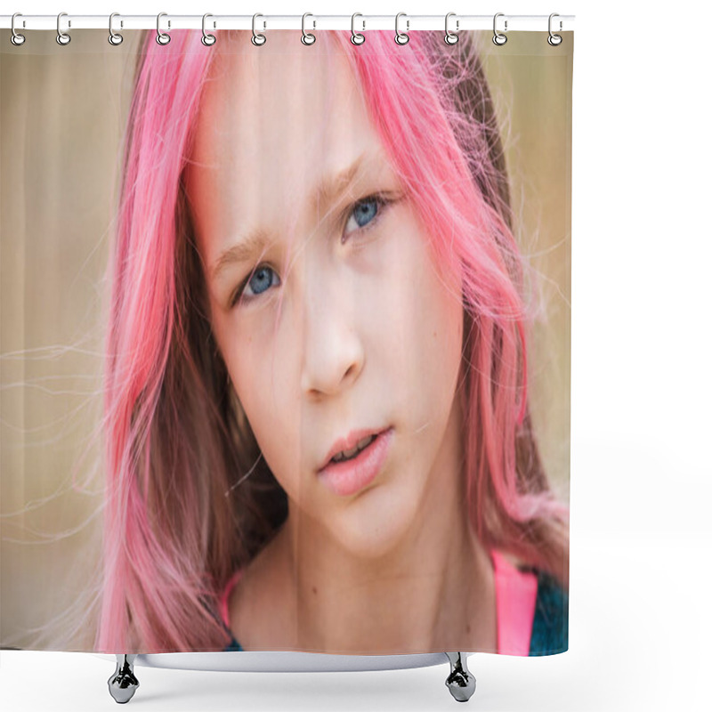 Personality  Cute Child Girl Portrait . Outdoor Portrait Of Cute Little Girl In Summer Day. Portrait Of A Little Girl With Pink Hair. Child 9-10 Years Old. Teenager Shower Curtains