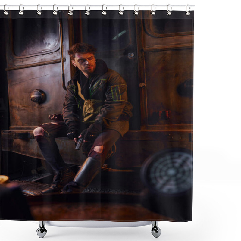 Personality  Devastated Man In Worn Clothes Sitting With Gun On Rusty Subway Carriage, Post-apocalyptic Isolation Shower Curtains