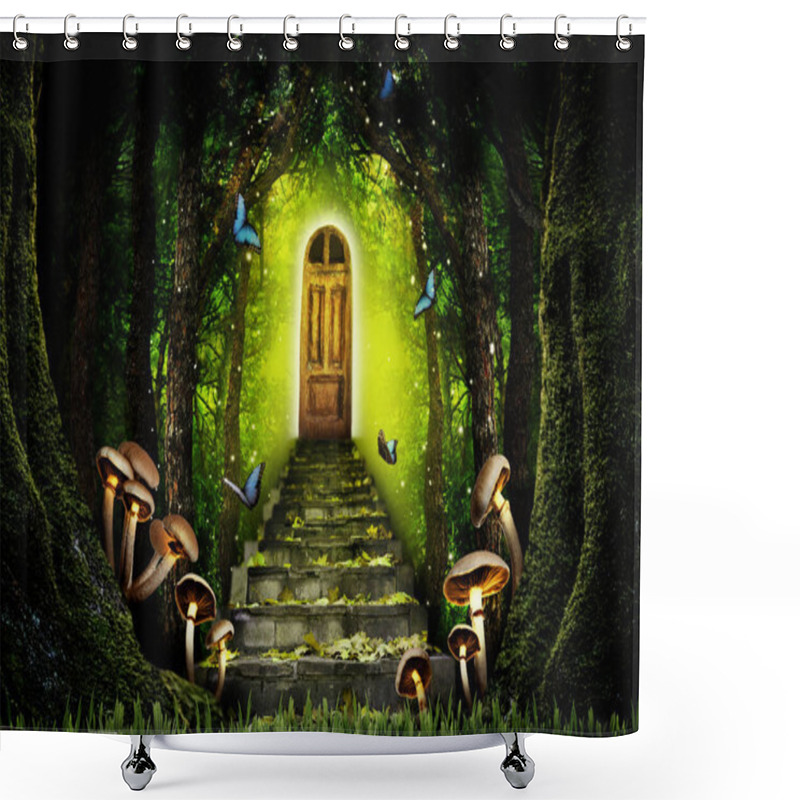 Personality  Fantasy World. Mushrooms At Stone Steps Leading To Magic Door In Enchanted Forest Shower Curtains