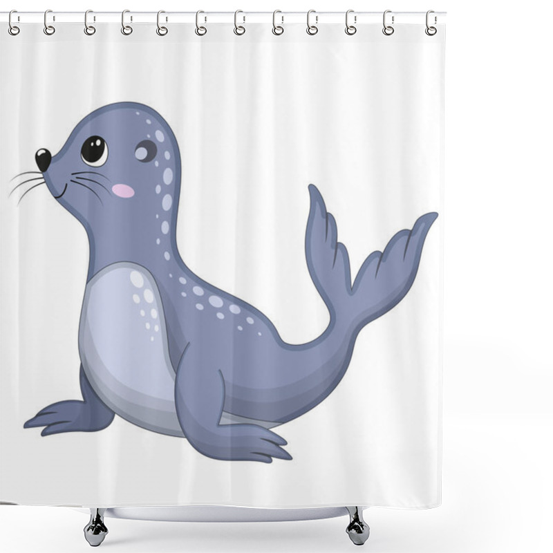 Personality  Vector Illustration Of Cartoon Cute Happy Fur Seal Jumping For Design Element. Funny Sea Animal On A White Background. Shower Curtains