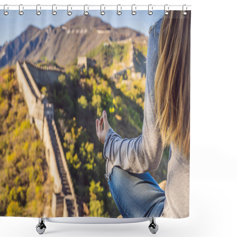 Personality  Happy Cheerful Joyful Tourist Woman At Great Wall Of China Meditates On Vacation Trip In Asia. Girl Visiting And Sightseeing Chinese Destination Shower Curtains