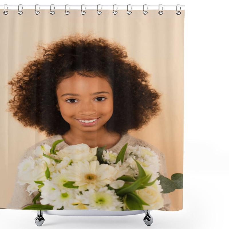 Personality  Portrait Of Smiling African American Preteen Girl With Bouquet Of Flowers In Hands Isolated On Beige Shower Curtains