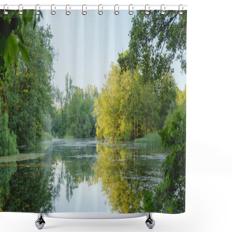 Personality  Panoramic View Of Early Sunny Morning Lake With Green Trees, Morning Mist And Tranquil Reflection. Estonia, Harku. Shower Curtains