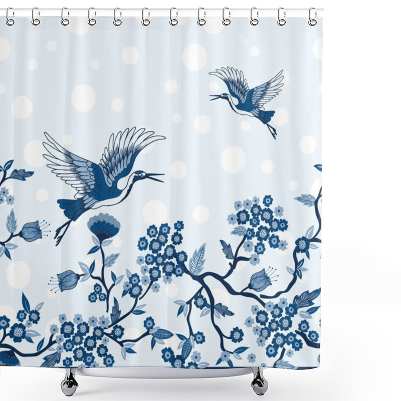 Personality  Blue Crane Birds And Tree Branches Vector Seamless Horizontal Border Shower Curtains