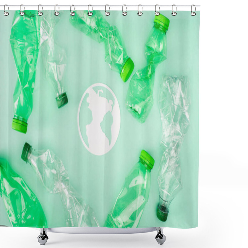 Personality  Top View Of Paper Planet Sign Near Crumpled Plastic Bottles On Green Surface, Ecology Concept Shower Curtains