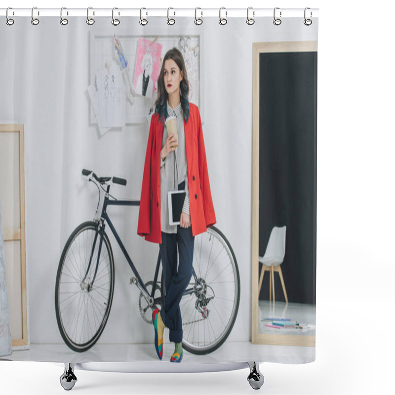 Personality  Young Woman Holding Digital Tablet And Coffee Cup By Bicycle Shower Curtains