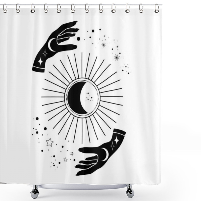 Personality  Alchemy Esoteric Mystical Magic Celestial Talisman With Hands Sun, Moon, Stars Sacred Geometry Isolated. Spiritual Occultism Object. Vector Illustrations In Black Outline Style Shower Curtains