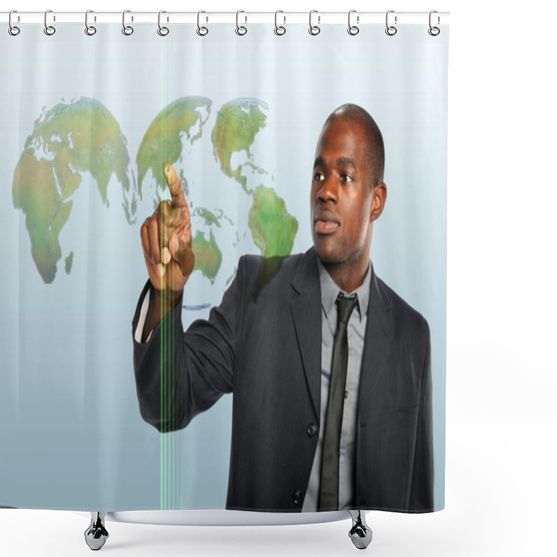 Personality  Businessman Touching World Hologram Shower Curtains