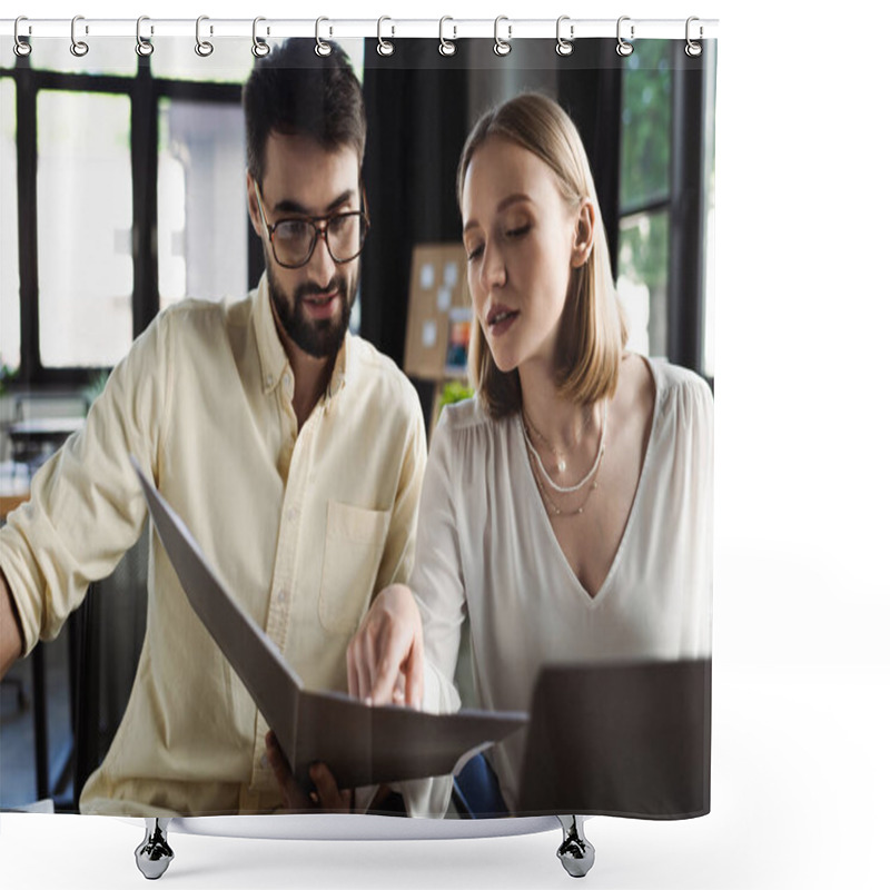 Personality  Intern Looking At Paper Folder Near Manager And Blurred Laptop In Office  Shower Curtains