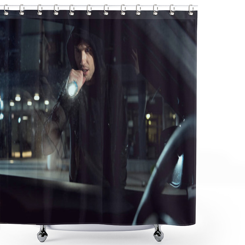 Personality  Thief In Black Hoodie Looking Into Car With Flashlight Shower Curtains