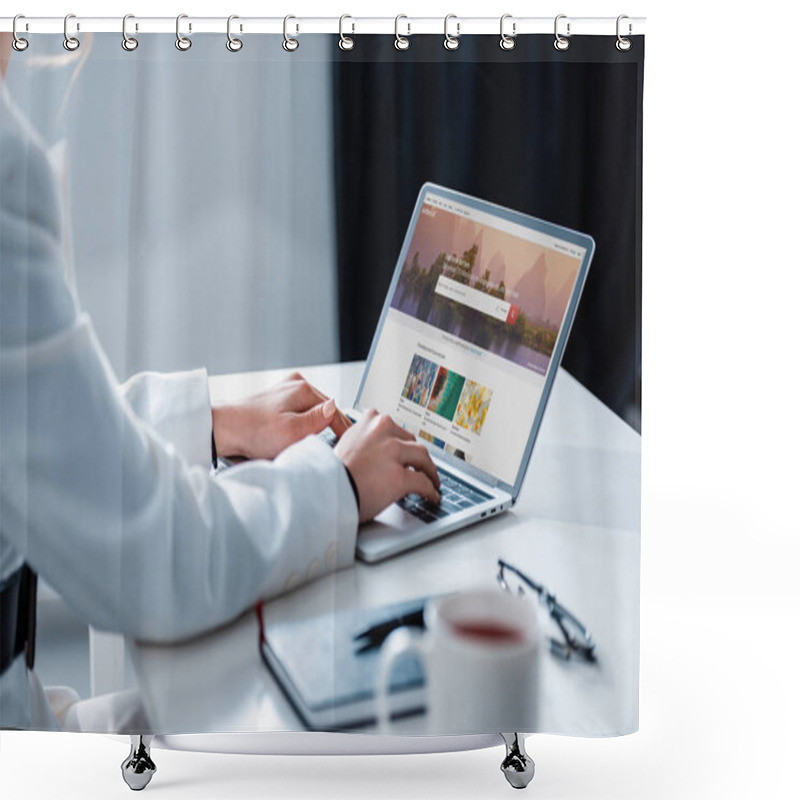 Personality  Cropped View Of Woman Using Laptop With Shutterstock Website On Screen At Office Desk Shower Curtains