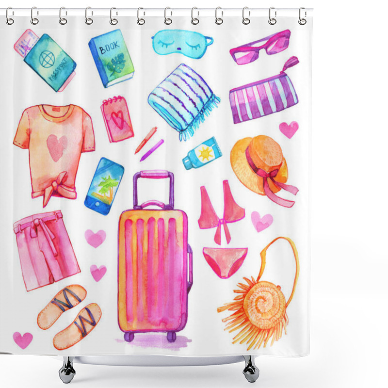 Personality  Travel Luggage Suitcase Clothes Packing Things Leisure Female Cute Swimsuit Cream Glasses Watercolor Isolated Set Shower Curtains