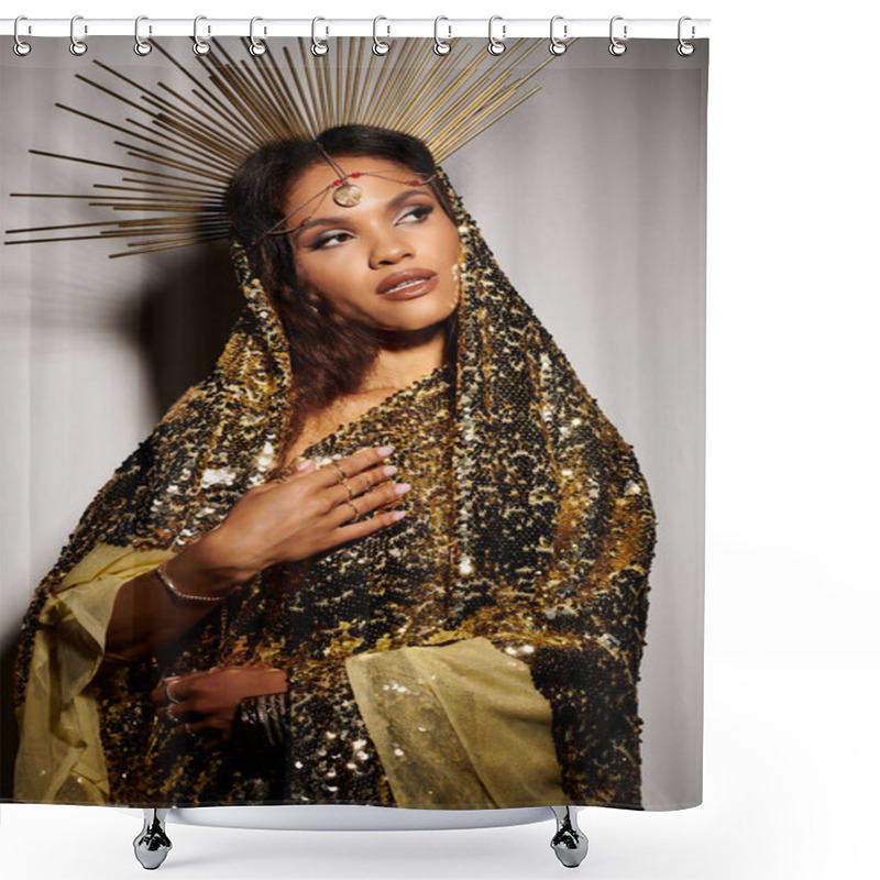 Personality  A Magnificent African American Woman Stands Gracefully In A Shiny Golden Dress, Exuding Beauty And Strength. Shower Curtains