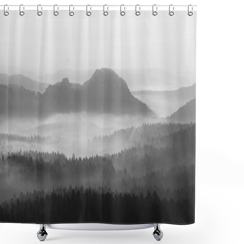 Personality  View Into Deep Misty Valley In German National Park. Trees Hidden In Foggy Gulch. Black And White Picture Shower Curtains