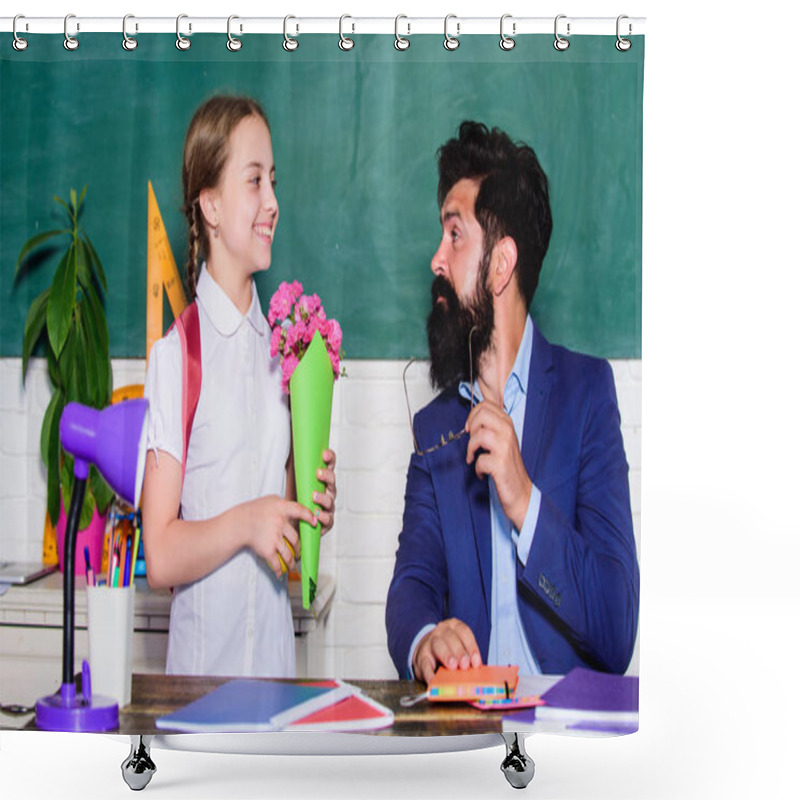 Personality  Back To School. Happy Teachers Day. Teachers Day. Daugghter And Father With Flowers. Flower Present For Best Teacher. Knowledge Day Is 1 September. Small School Girl Kid With Flower Bouquet. Present Shower Curtains