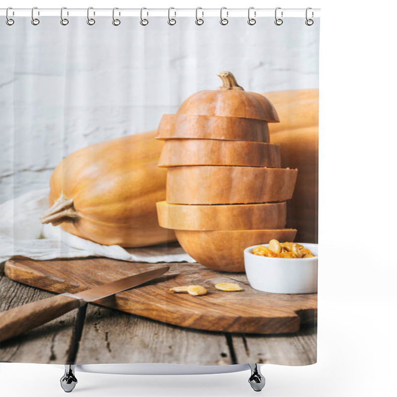 Personality  Close Up View Of Arranged Pumpkins And Knife On Wooden Surface And White Brick Wall Background Shower Curtains