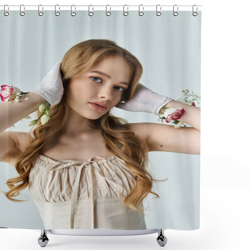 Personality  A Beautiful Young Woman Holds Her Hands By Her Ears, Showcasing Floral Accents. Shower Curtains