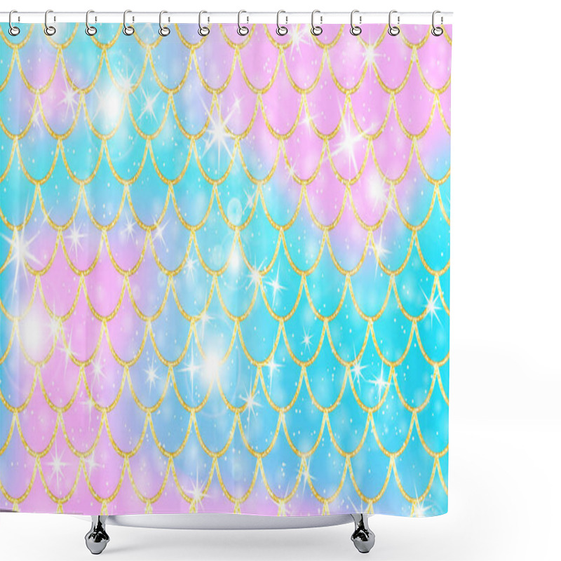 Personality  Golden Pattern. Holographic Rainbow Background. Gold Scales. Mermaid Print. Vector. Shower Curtains