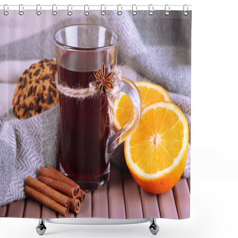 Personality  Mulled Wine With Oranges And Spices On Table On Fabric Background Shower Curtains